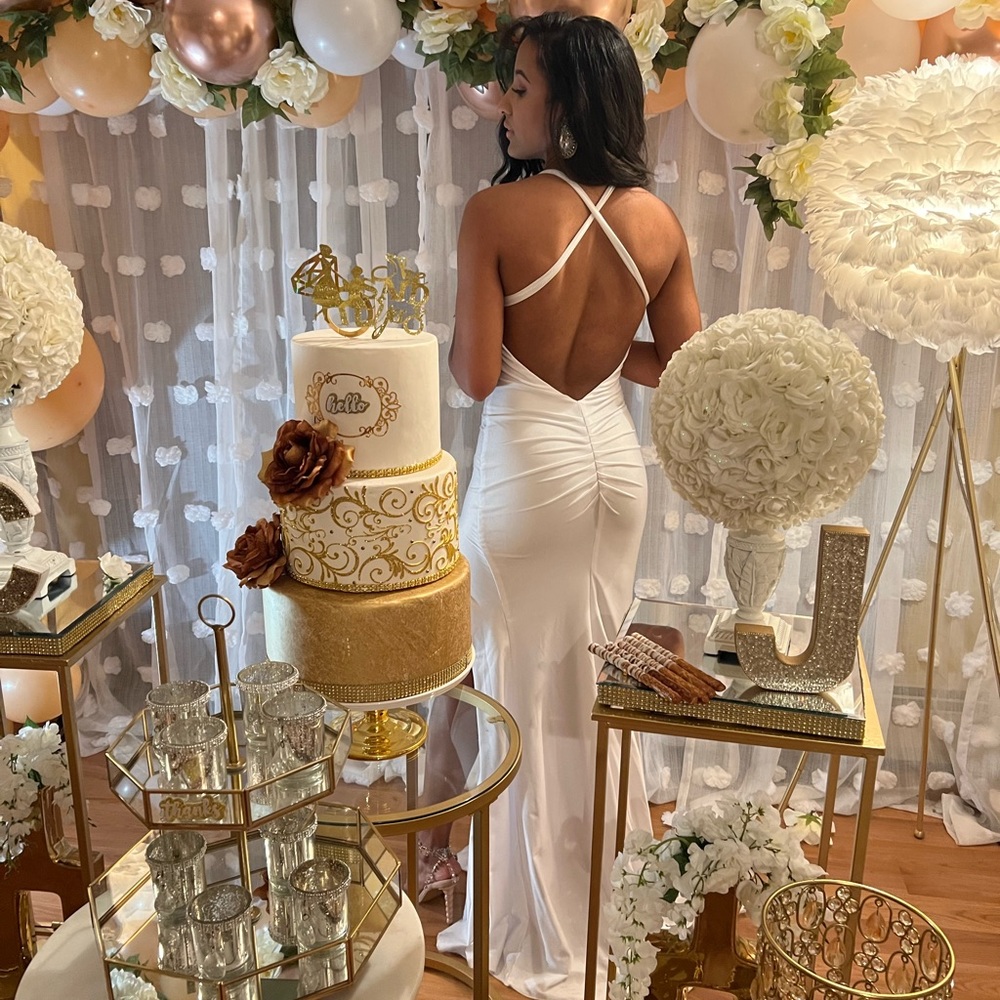 SX-White long dress with leg slit. Good for wedding, prom etc.